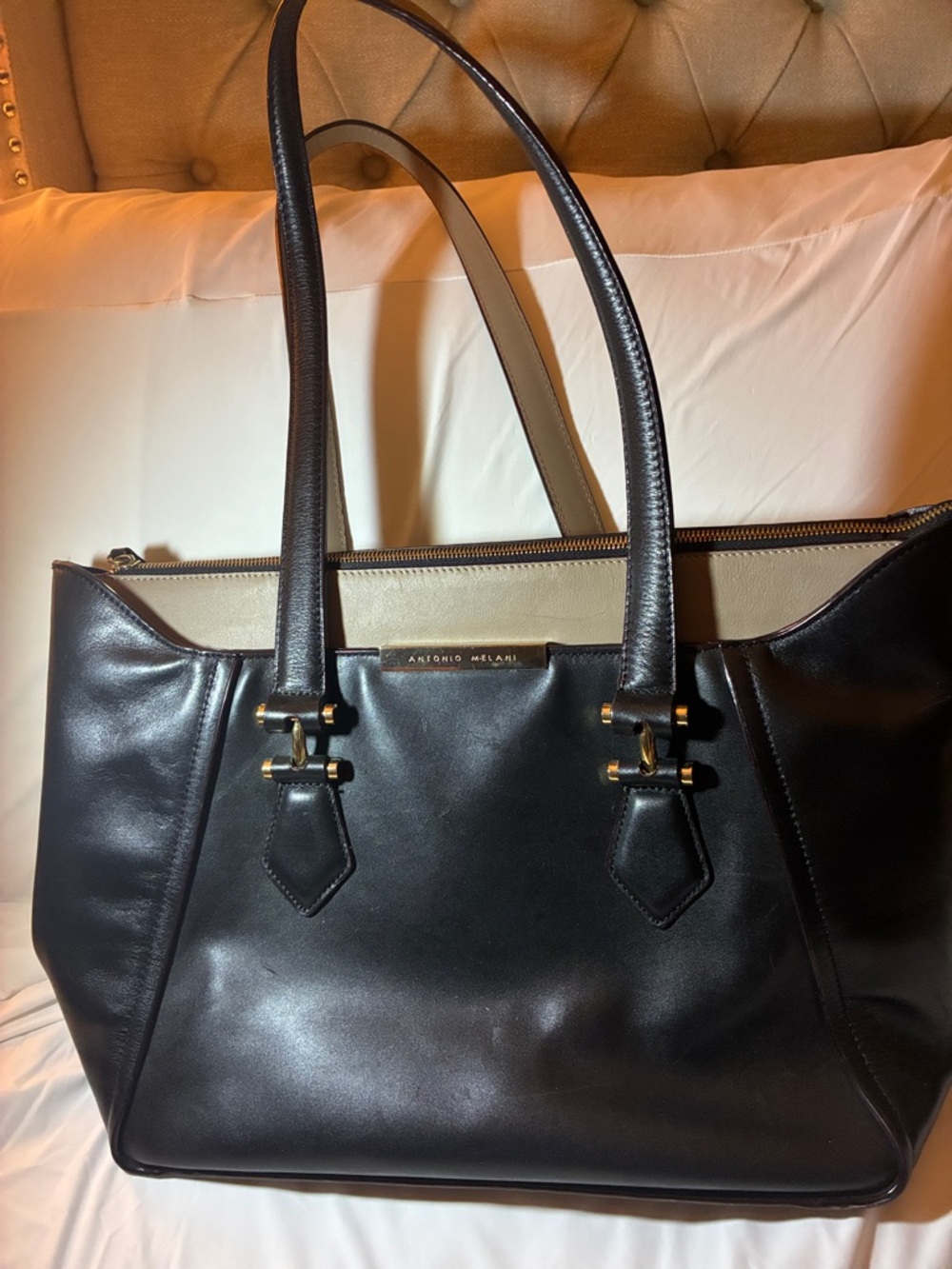 ANTONIO MELANI Black Leather Tote with Gold-Tone Accents